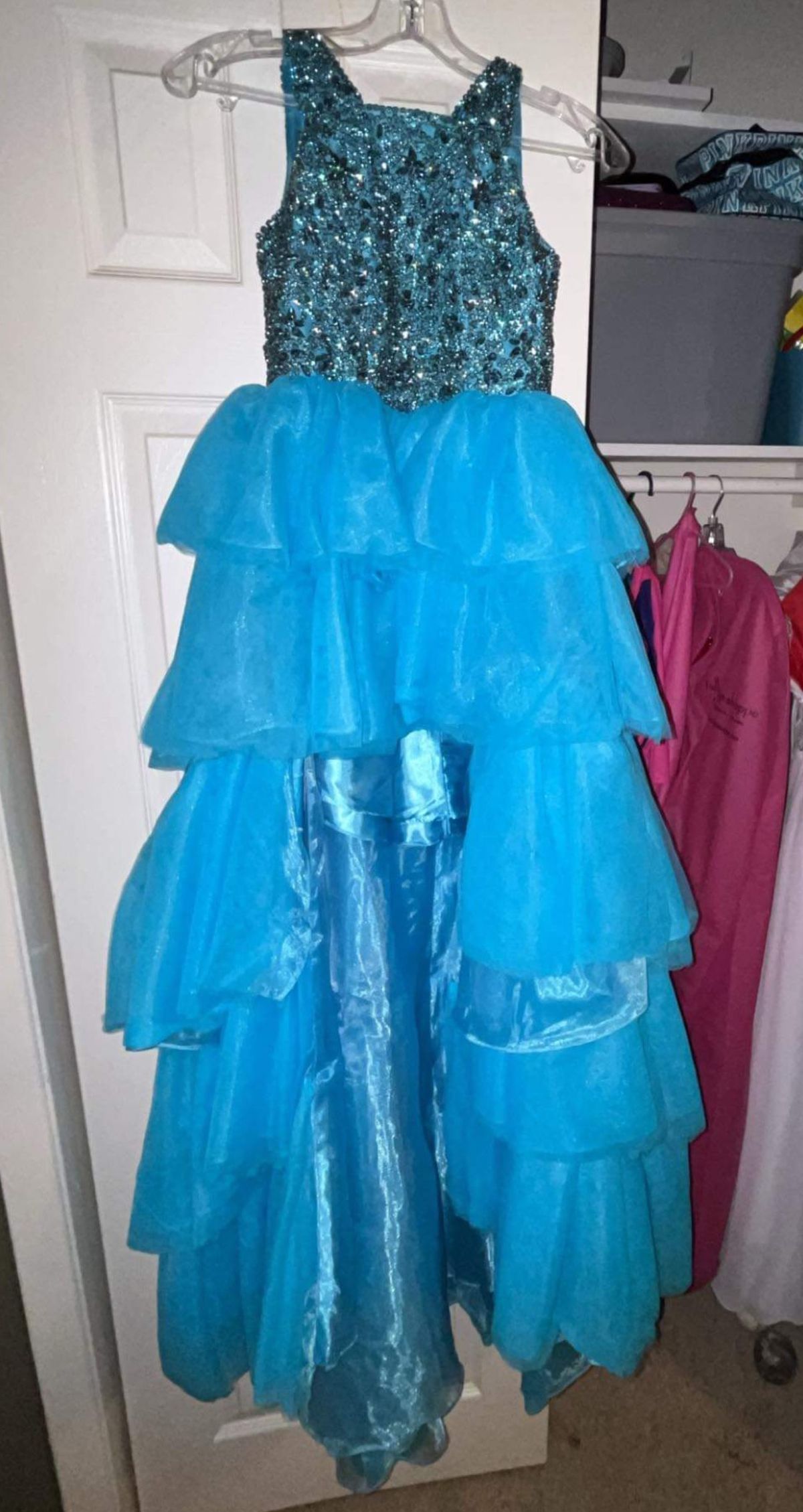 Rachel Allan Girls Size 10 Pageant Sequined Blue Ball Gown on Queenly