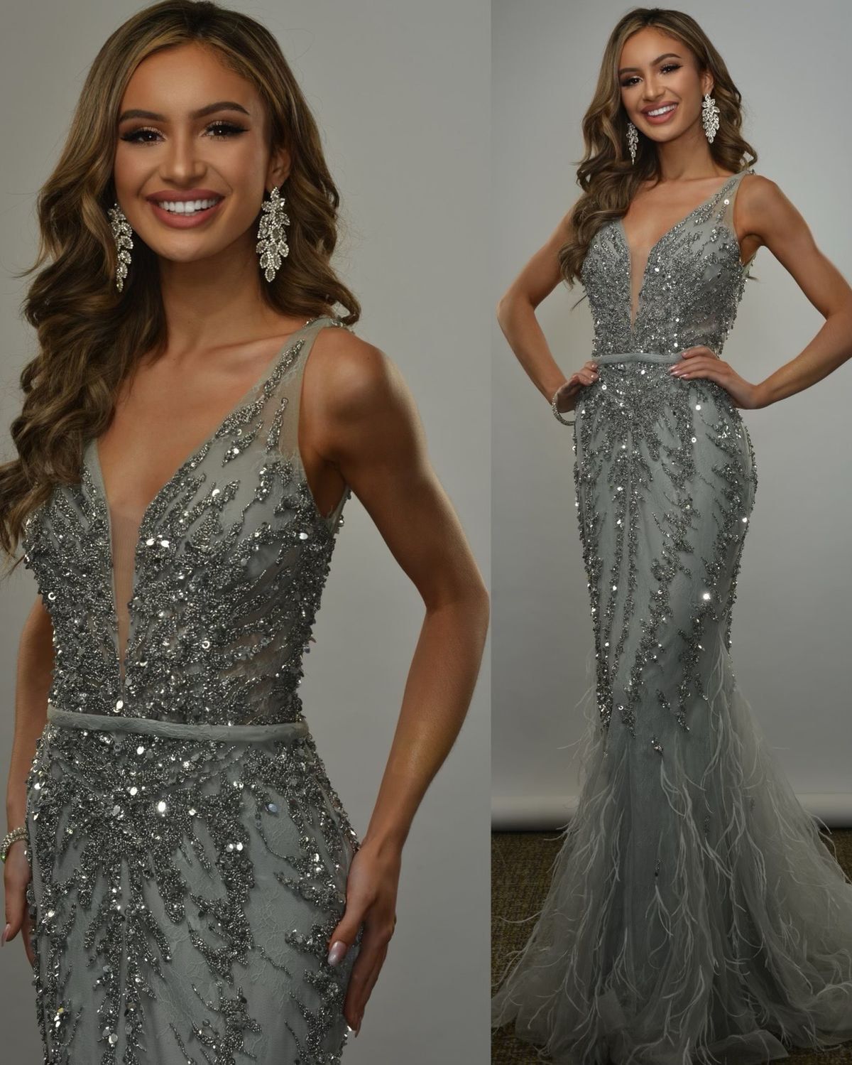 Size 0 Prom Plunge Silver Dress With Train on Queenly