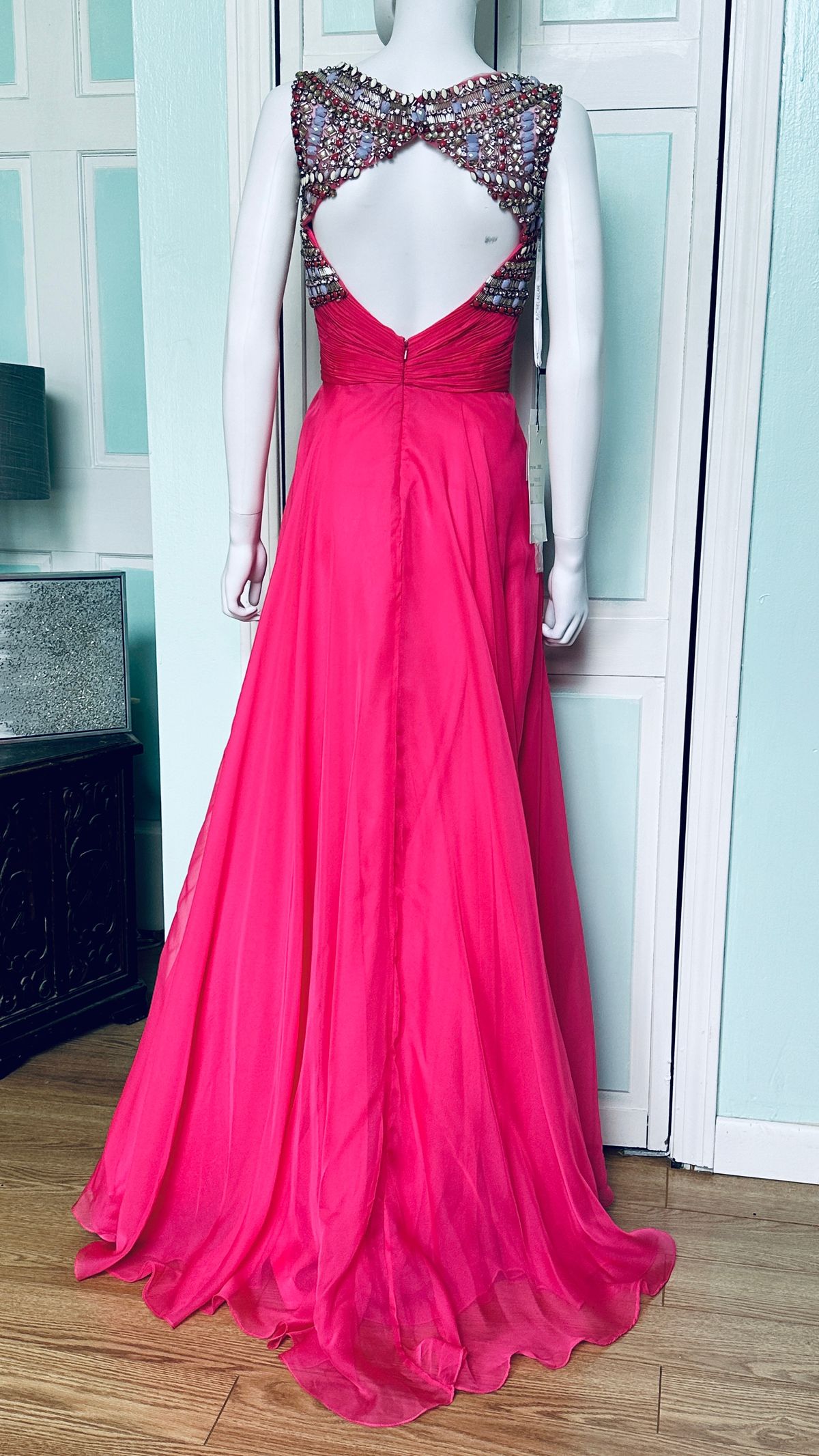 Style 7080RA Rachel Allan Size 8 Prom High Neck Sequined Hot Pink A-line Dress on Queenly