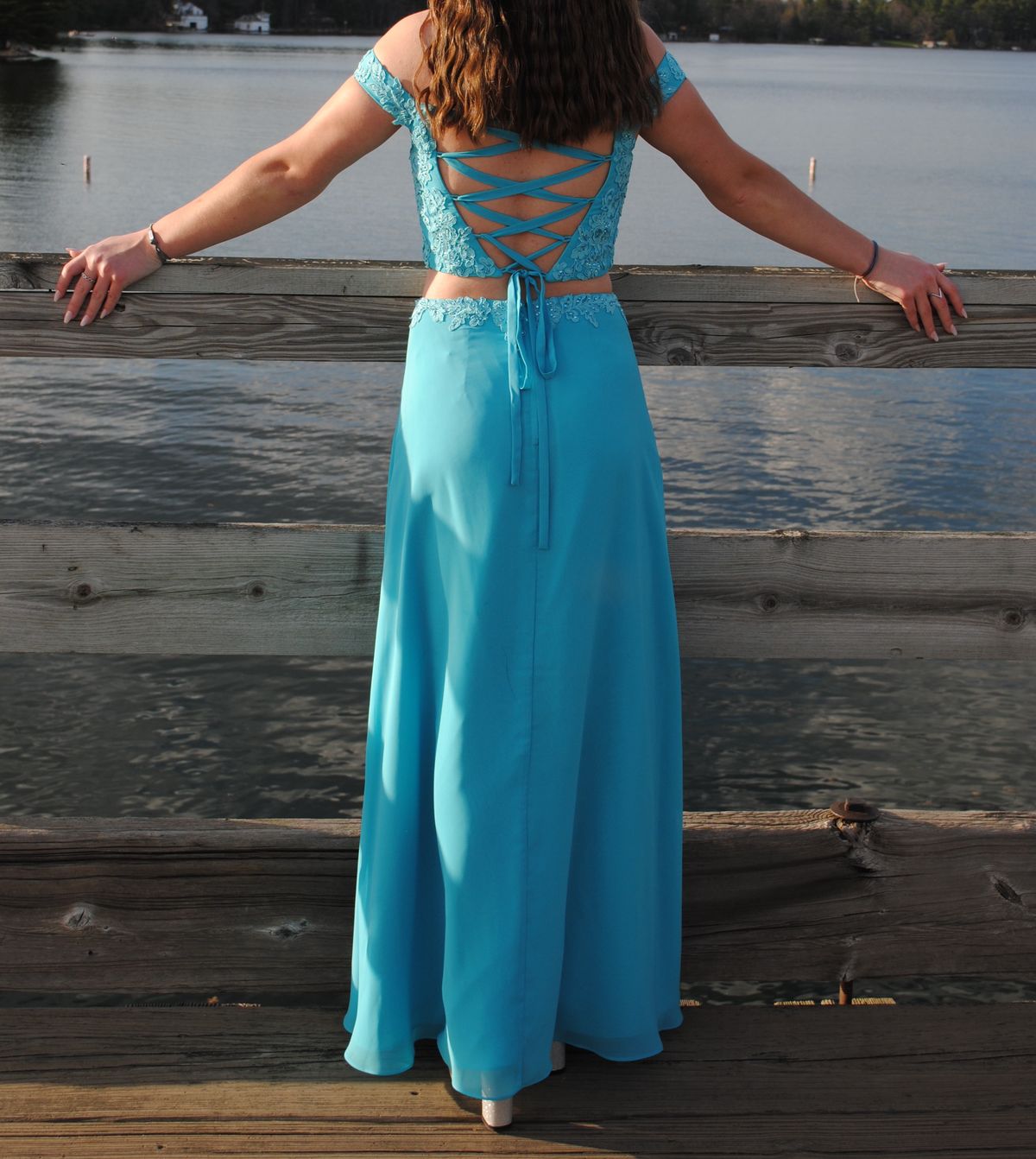 Size 6 Prom Off The Shoulder Lace Light Blue Side Slit Dress on Queenly