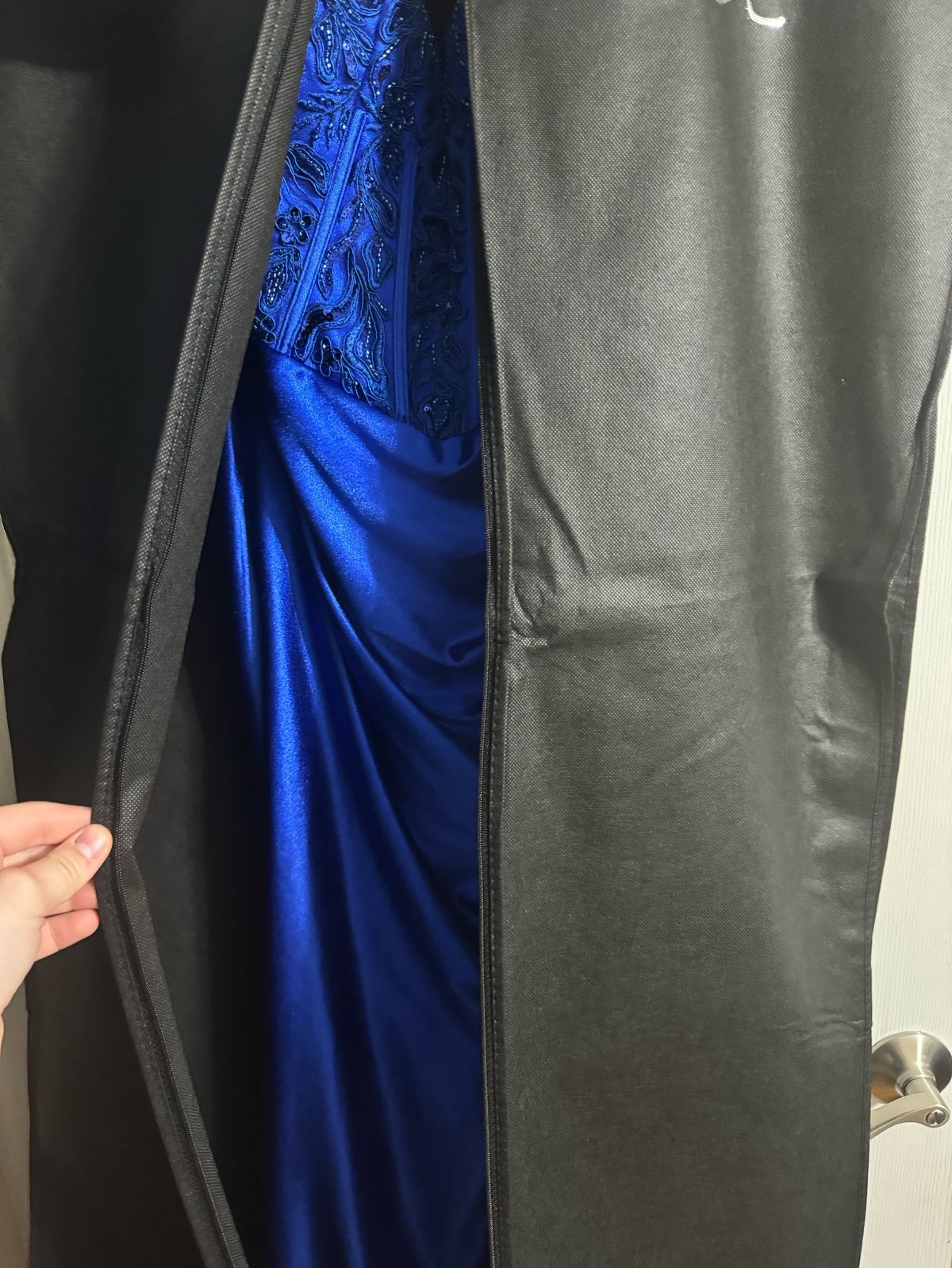 Style 24144 Stella Couture Size 10 Prom Plunge Sequined Royal Blue Side Slit Dress on Queenly