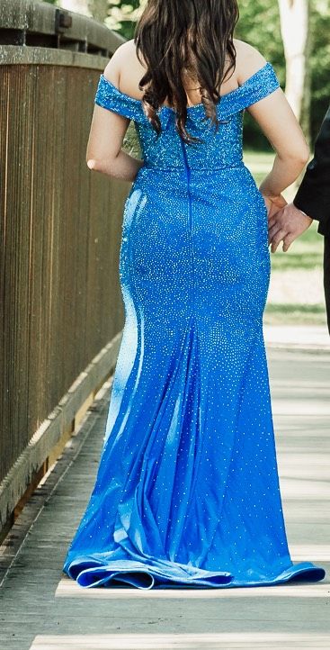 Style 55338 Sherri Hill Size 6 Prom Off The Shoulder Sequined Blue Mermaid Dress on Queenly