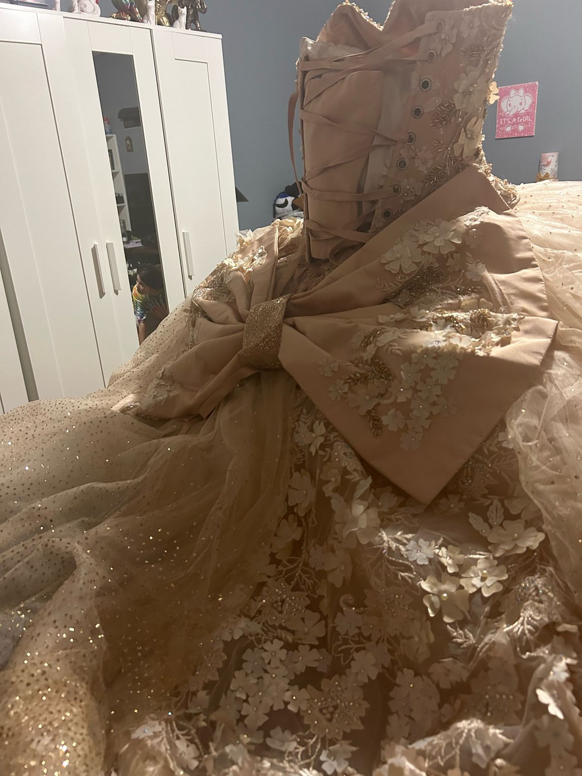 Size 6 Strapless Lace Rose Gold Ball Gown on Queenly
