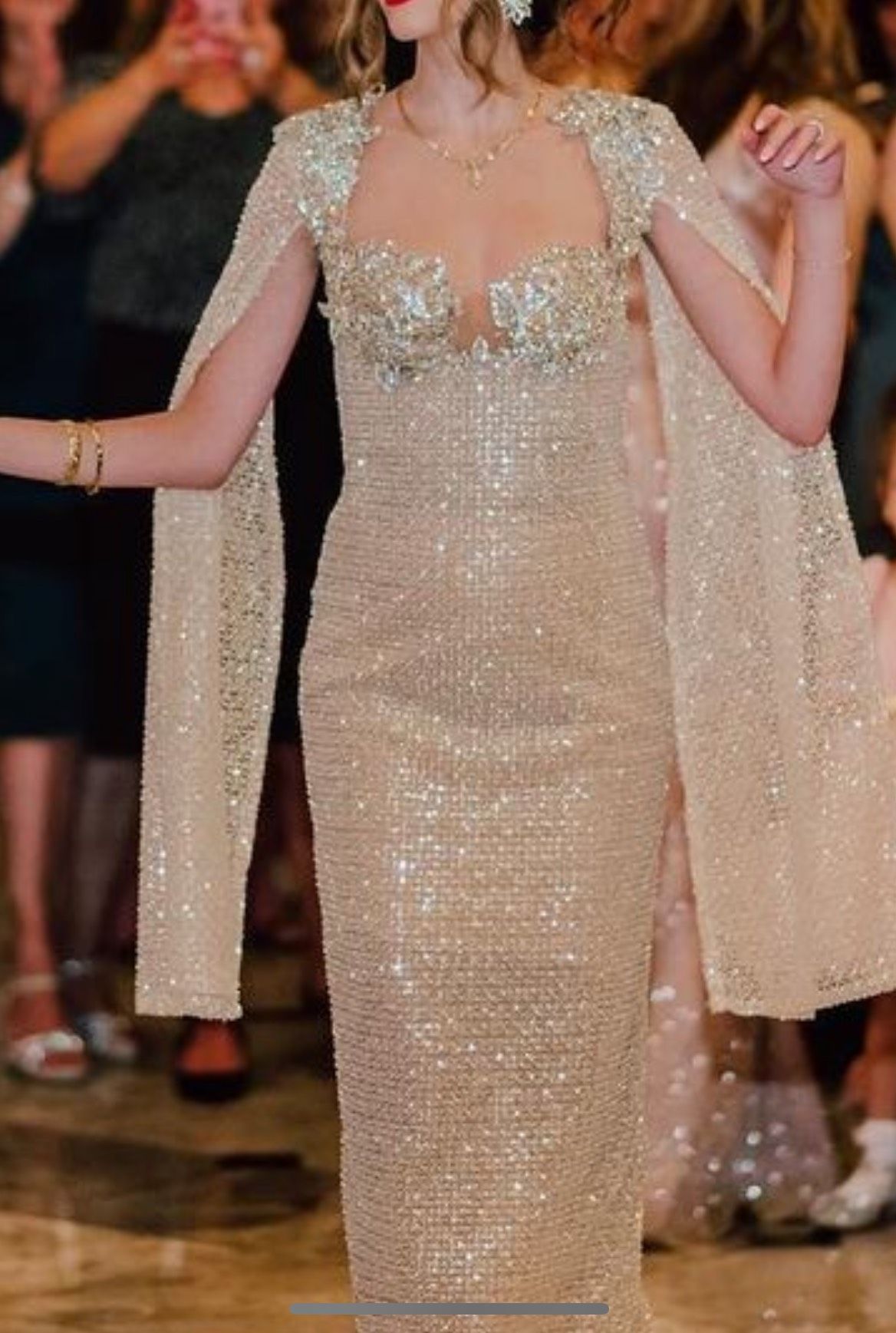 Size XS Prom Long Sleeve Sequined Nude A-line Dress on Queenly