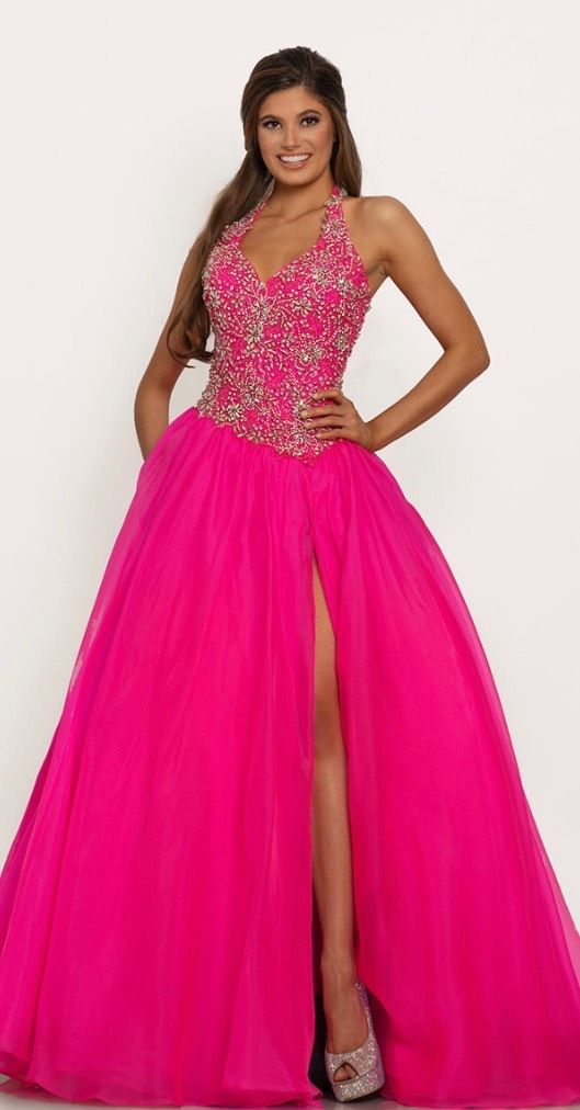 Style 2227 Johnathan Kayne Size 4 Pageant Halter Hot Pink Ball Gown on Queenly