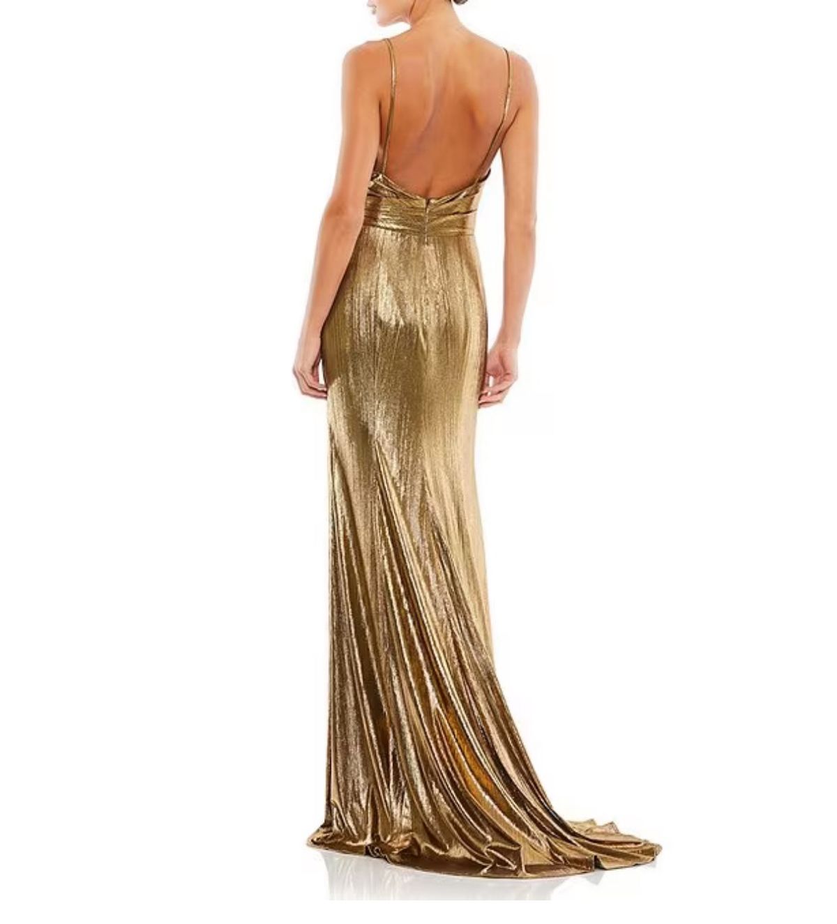Style 26408 Mac Duggal Size 10 Prom Plunge Gold Side Slit Dress on Queenly
