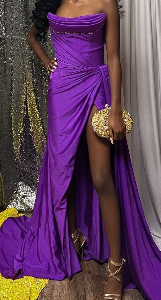 Style AD2080 Albina Dyla Size 0 Prom Strapless Purple Side Slit Dress on Queenly
