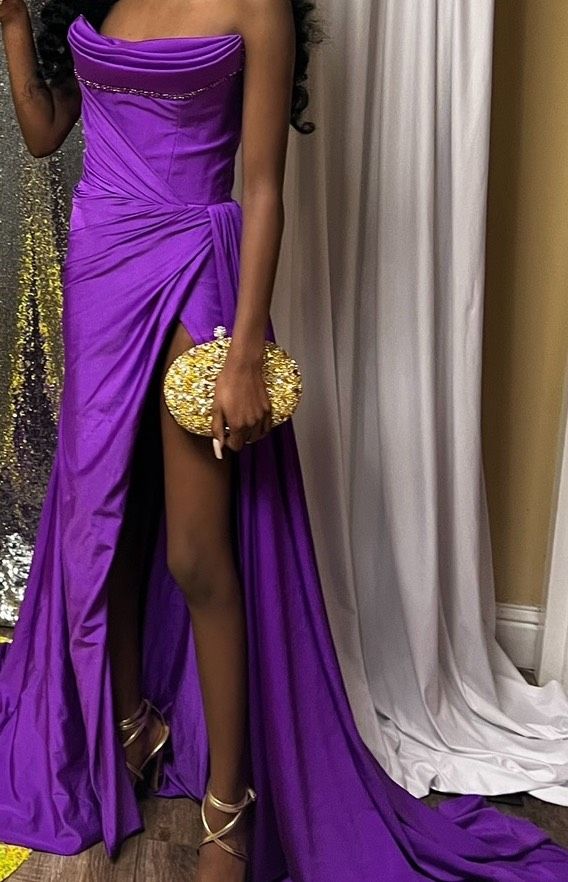 Style AD2080 Albina Dyla Size 0 Prom Strapless Purple Side Slit Dress on Queenly