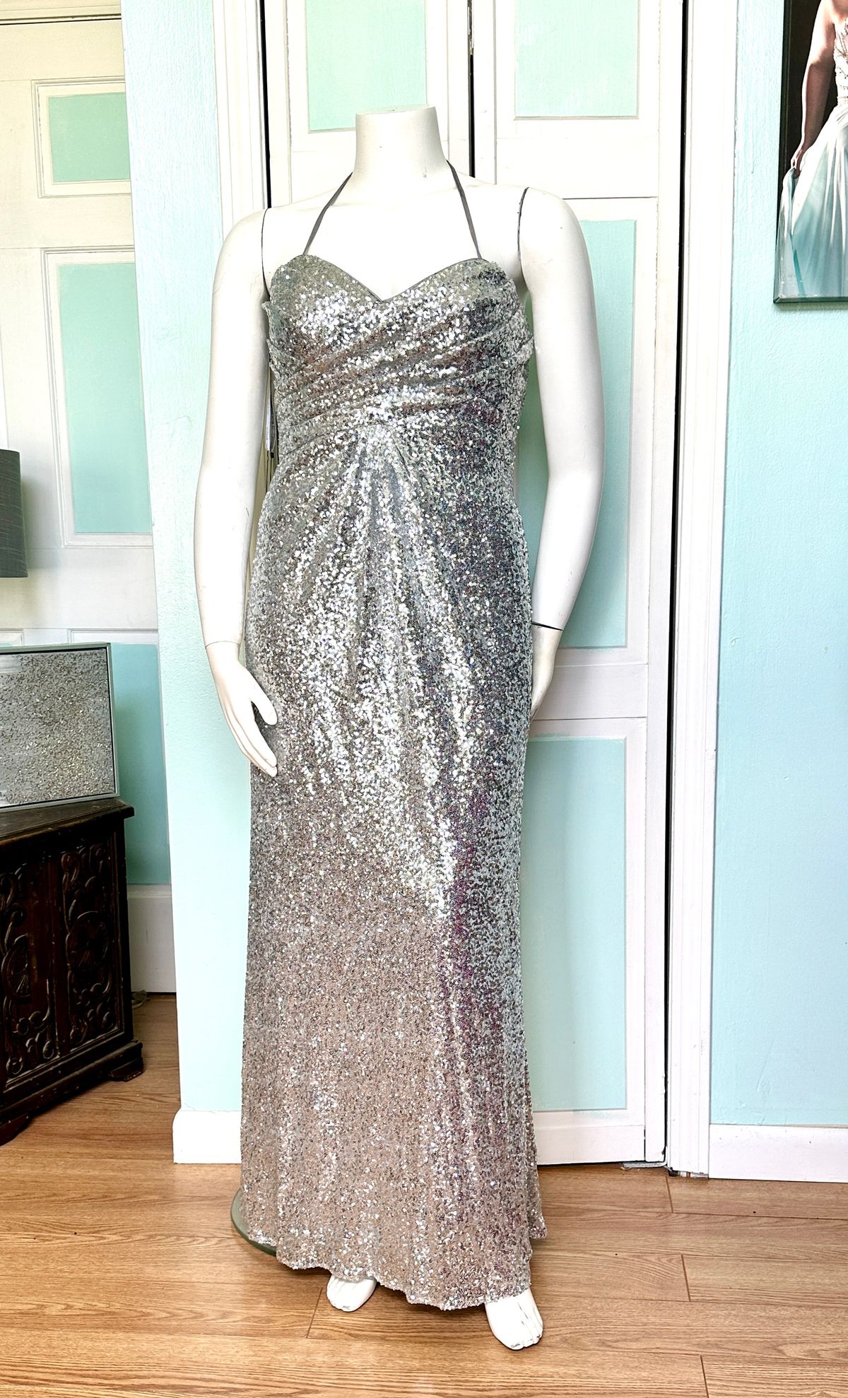 Style 8114L Alfred Angelo Size 14 Prom Halter Silver A-line Dress on Queenly
