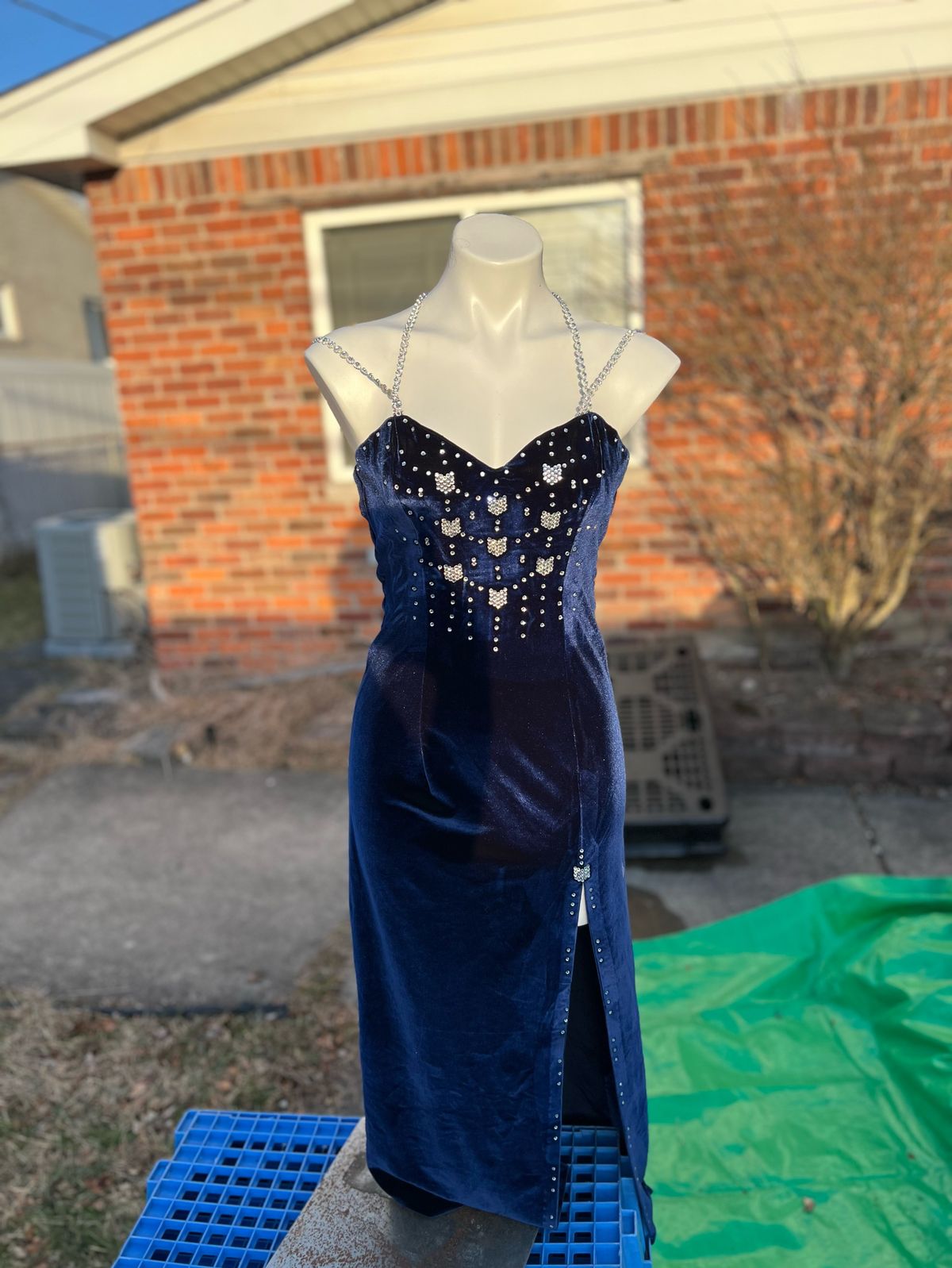 Size S Plunge Velvet Navy Blue Side Slit Dress on Queenly