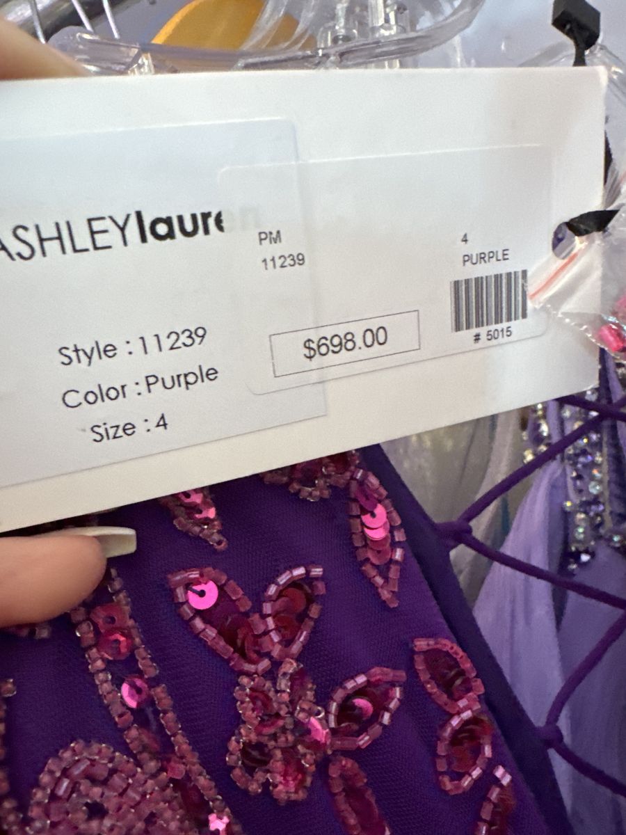 Style 11239 Ashley Lauren Size 4 Prom Long Sleeve Purple Side Slit Dress on Queenly