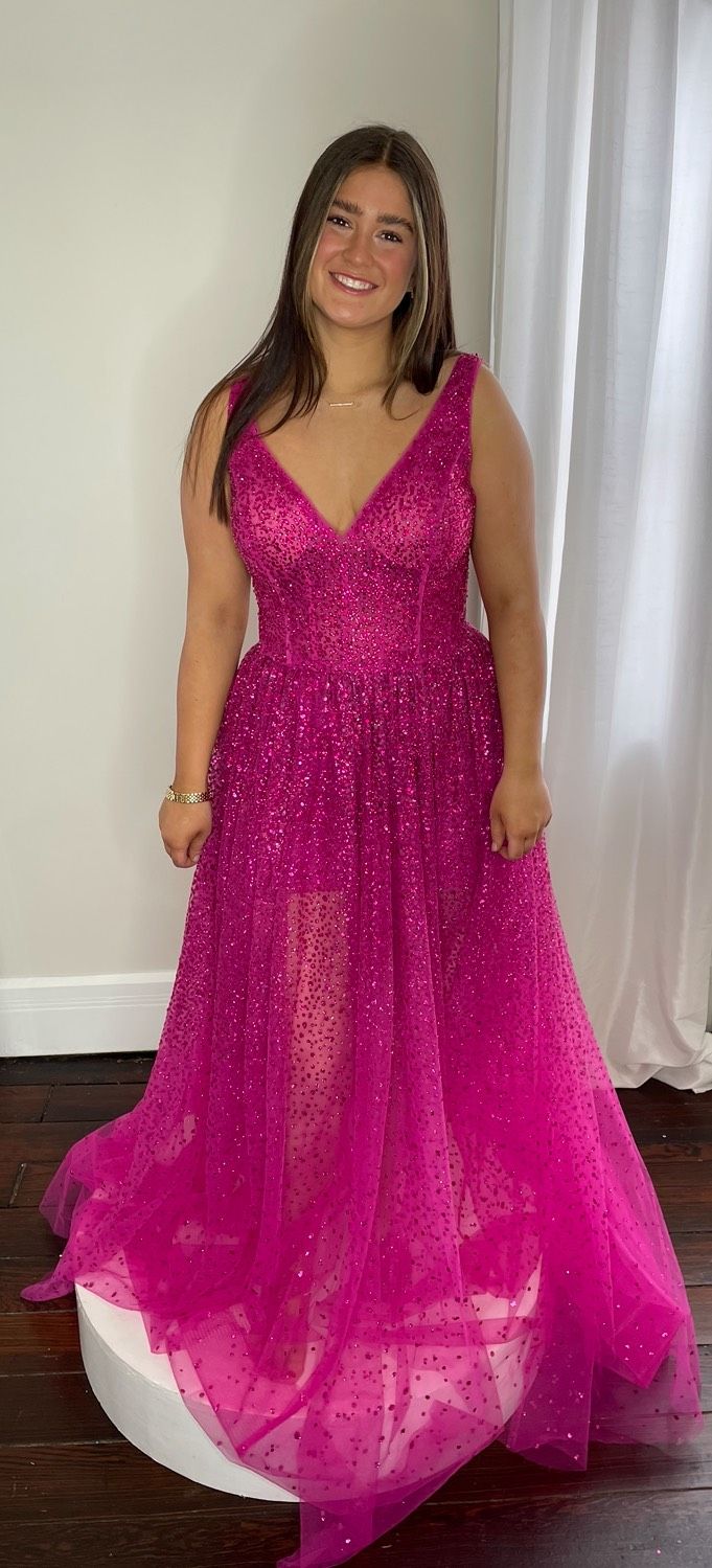 Style 22391A Jovani Size 12 Prom Plunge Pink Ball Gown on Queenly