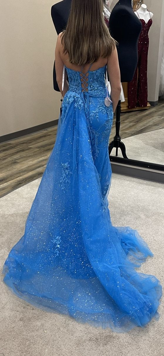 Style 88596 Amarra Size 4 Prom One Shoulder Blue Side Slit Dress on Queenly