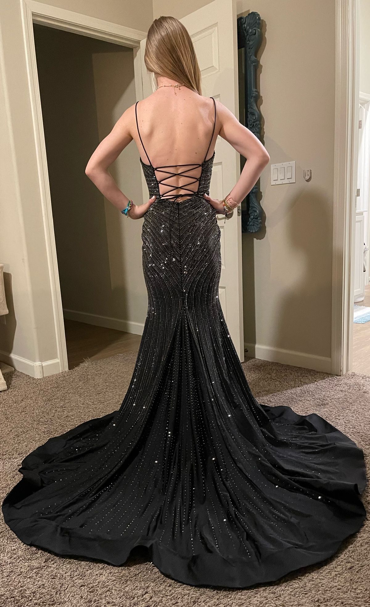 Style 54174 Sherri Hill Size XS Prom Plunge Sequined Black Side Slit Dress on Queenly