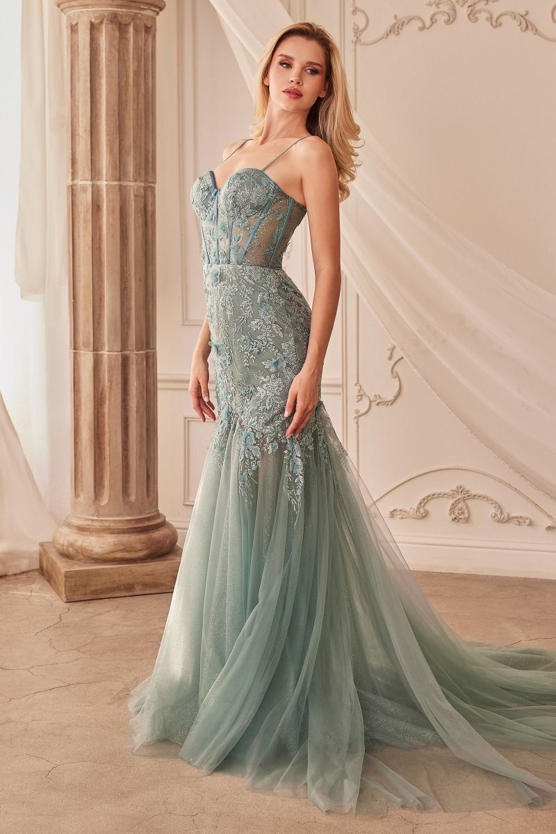 Style A1232 Andrea & Leo Couture Size 2 Prom Plunge Green Mermaid Dress on Queenly