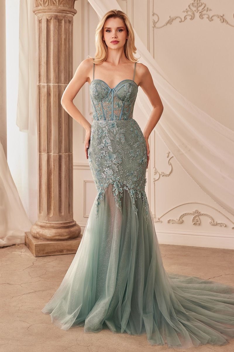 Style A1232 Andrea & Leo Couture Size 4 Prom Plunge Green Mermaid Dress on Queenly