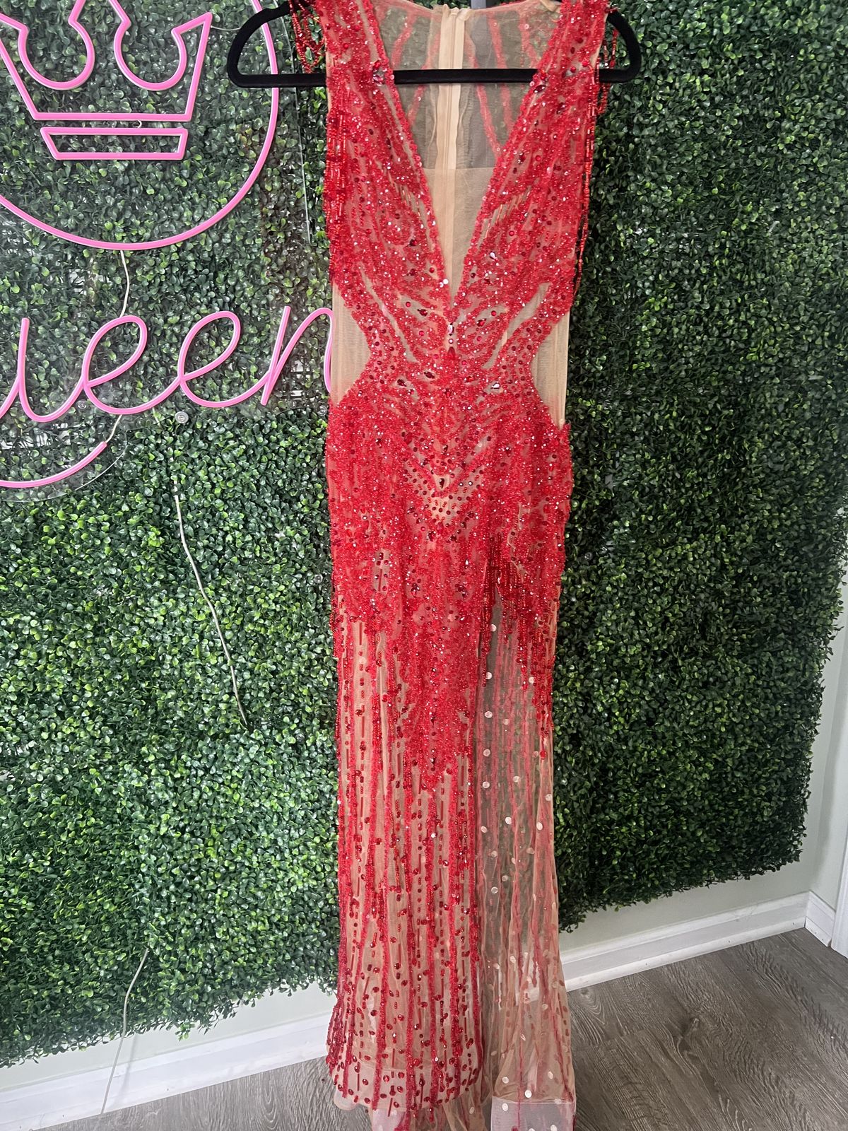 Custom Size 0 Prom Plunge Red Side Slit Dress on Queenly