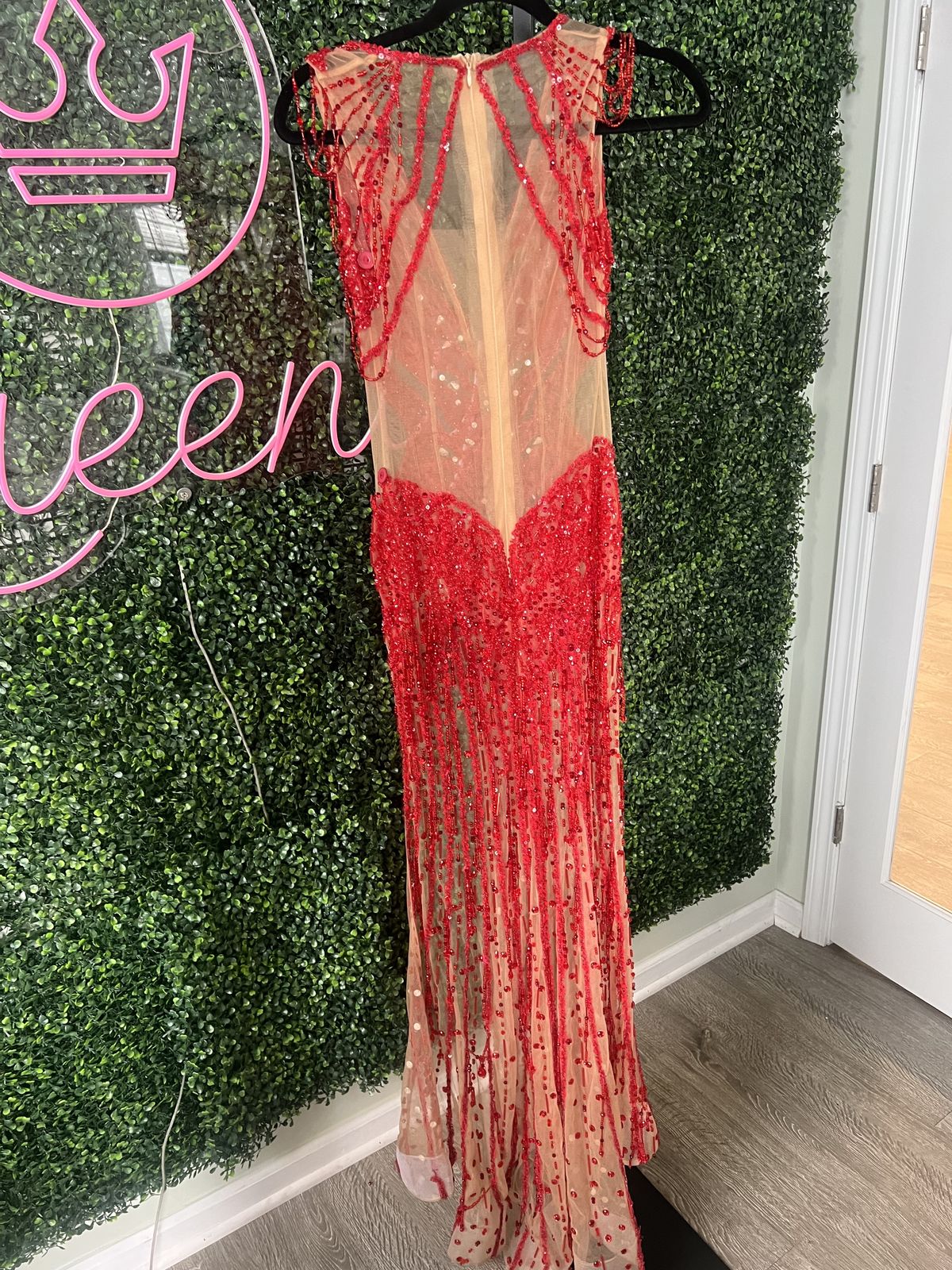 Custom Size 0 Prom Plunge Red Side Slit Dress on Queenly