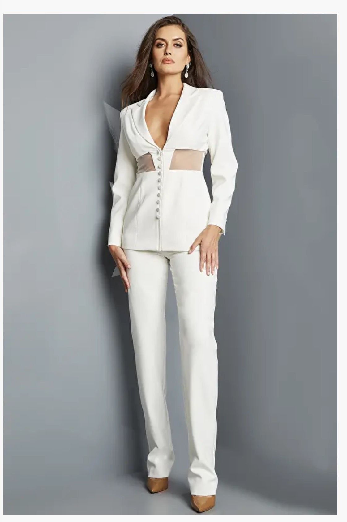 Style 22818 Jovani Size 6 Pageant Long Sleeve White Formal Jumpsuit on Queenly