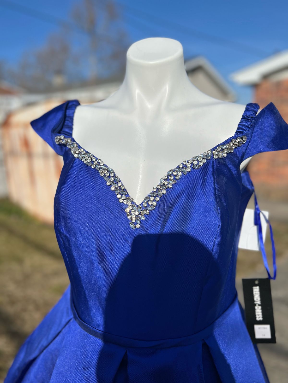Size M Prom Off The Shoulder Blue Ball Gown on Queenly