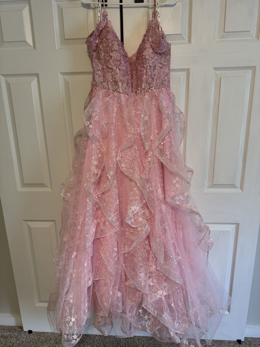 Ellie Wilde Size 12 Prom Plunge Lace Pink Ball Gown on Queenly