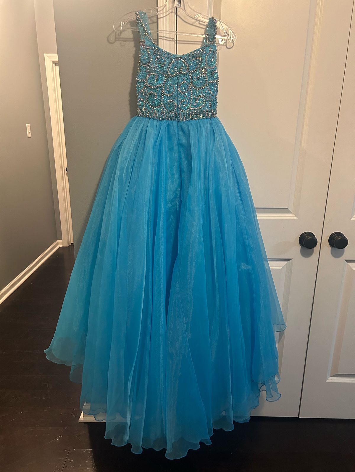 One More Couture Girls Size 10 Pageant Sequined Blue Ball Gown on Queenly
