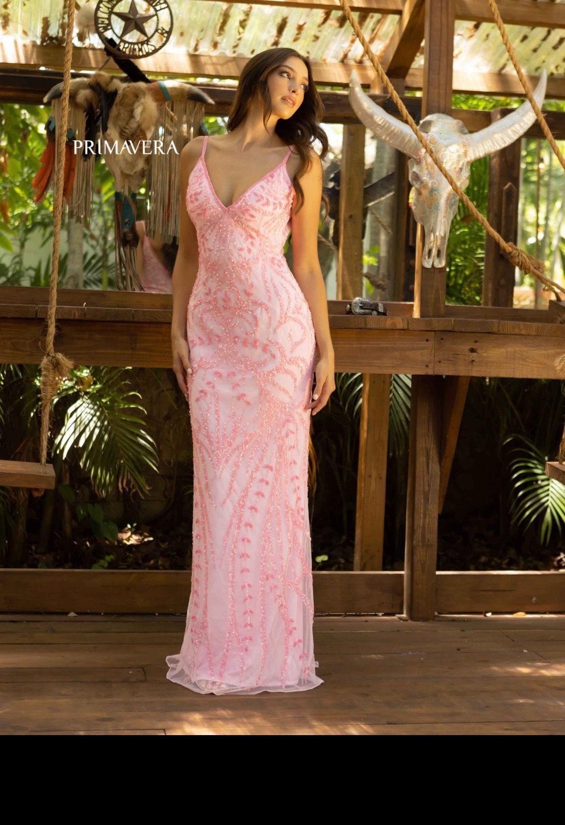 Style 3793 Primavera Size 12 Prom Plunge Sequined Light Pink Floor Length Maxi on Queenly