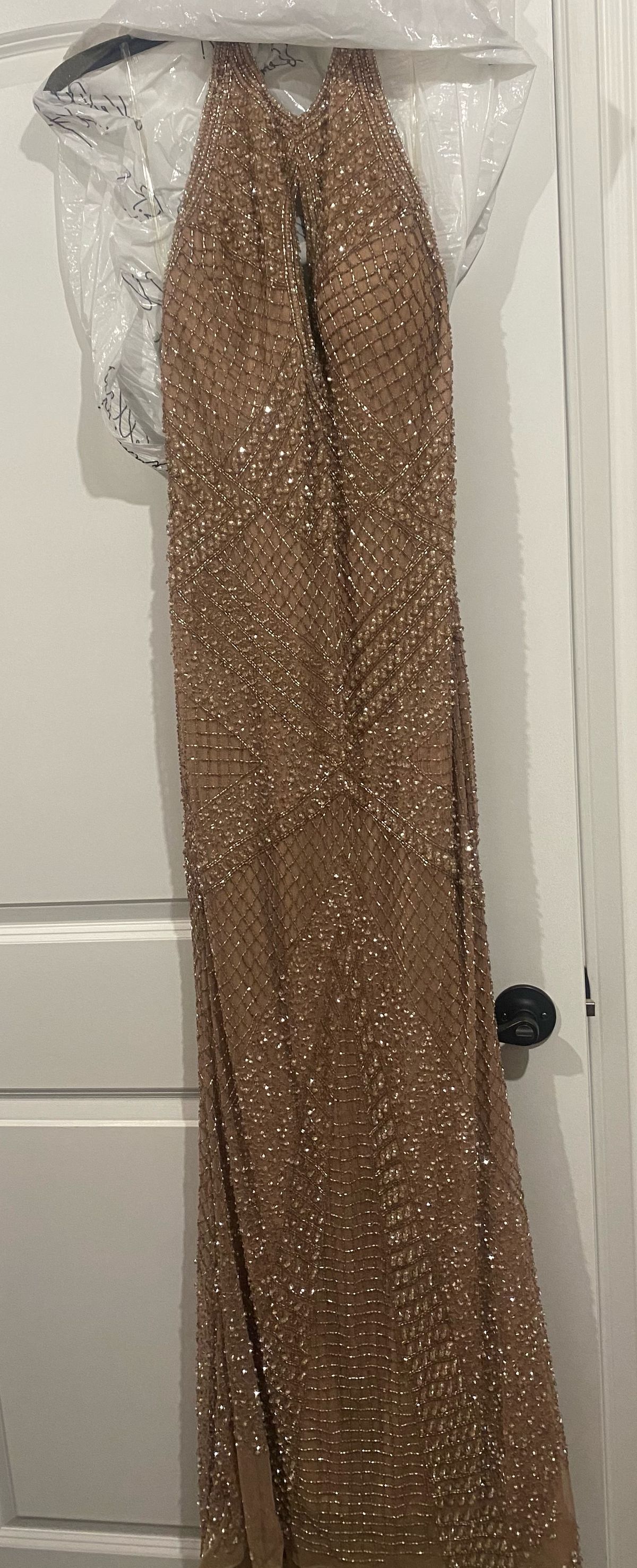 Amarra Size 8 Prom Plunge Sequined Rose Gold Floor Length Maxi on Queenly