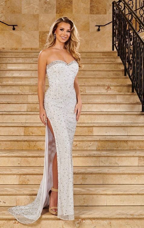 Style 50181 Rachel Allan Size 0 Prom Strapless Sequined White Side Slit Dress on Queenly