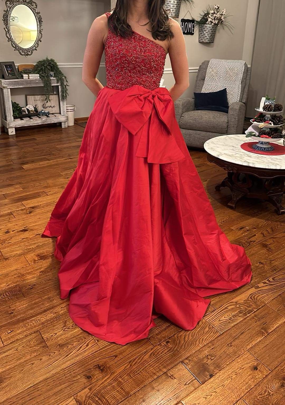 Style 55469 Sherri Hill Size 2 Prom One Shoulder Red Ball Gown on Queenly