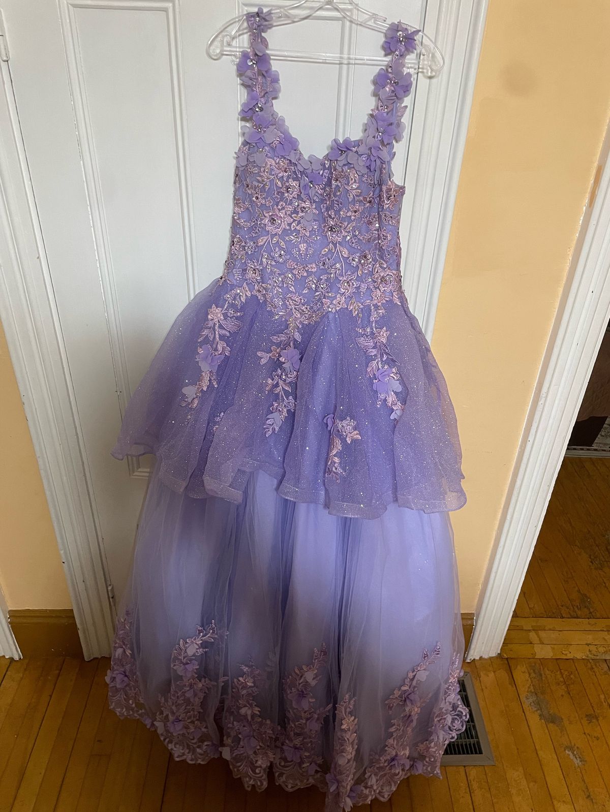 Size L Prom Off The Shoulder Lace Purple Ball Gown on Queenly