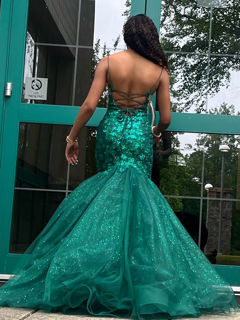 Style 24211 2Cute Prom Size 0 Prom Plunge Sheer Emerald Green Mermaid Dress on Queenly