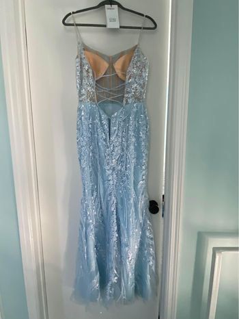 Style #56209 Sherri Hill Size 12 Prom Plunge Lace Light Blue Mermaid Dress on Queenly