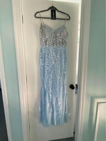 Style #56209 Sherri Hill Size 12 Prom Plunge Lace Light Blue Mermaid Dress on Queenly