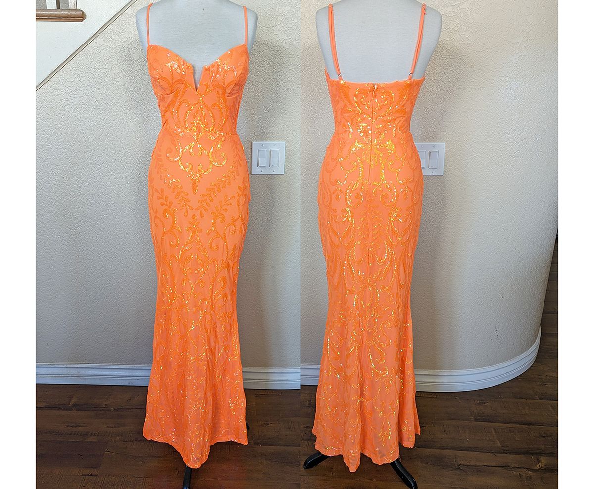 Style Neon Orange Sequin Formal Prom Wedding Guest Mermaid Dress Size 6 Homecoming Plunge Orange Mermaid Dress on Queenly