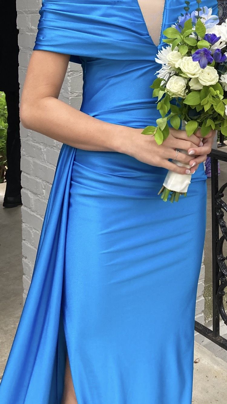 Size S Prom Strapless Blue Side Slit Dress on Queenly