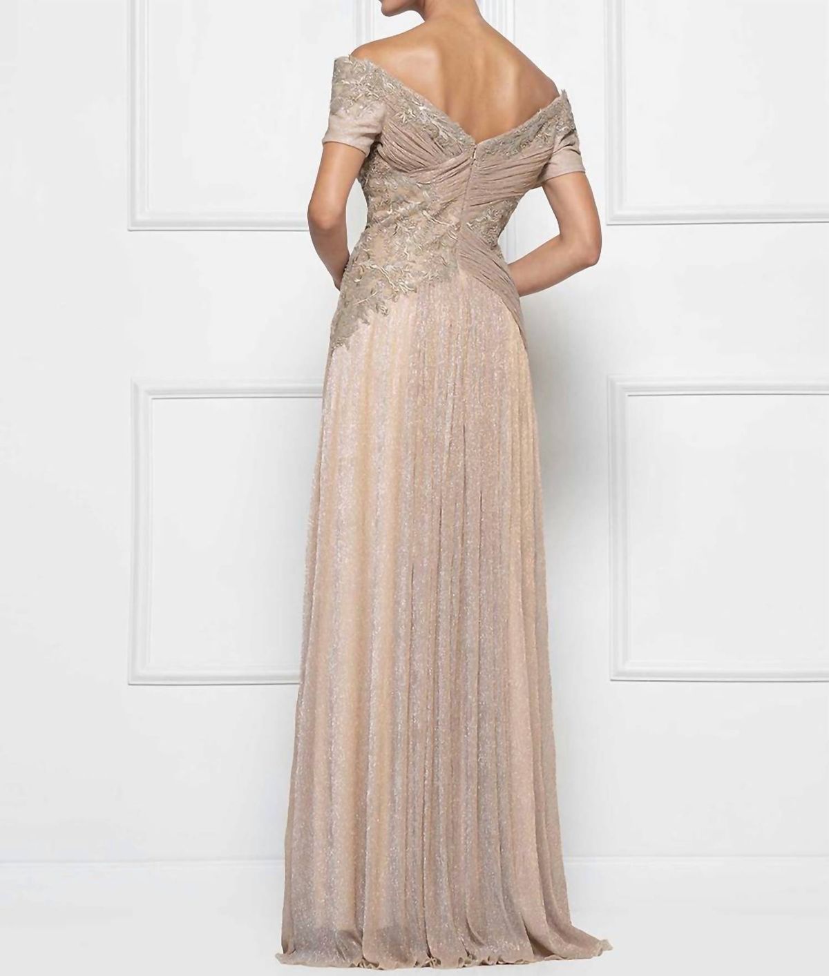 Style 1-3439479491-238 Rina Di Montella Size 12 Off The Shoulder Sheer Gold Floor Length Maxi on Queenly