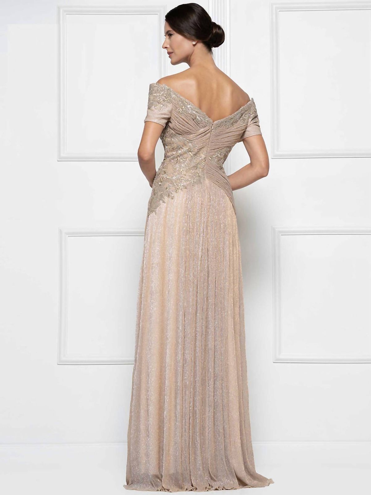 Style 1-3439479491-238 Rina Di Montella Size 12 Off The Shoulder Sheer Gold Floor Length Maxi on Queenly