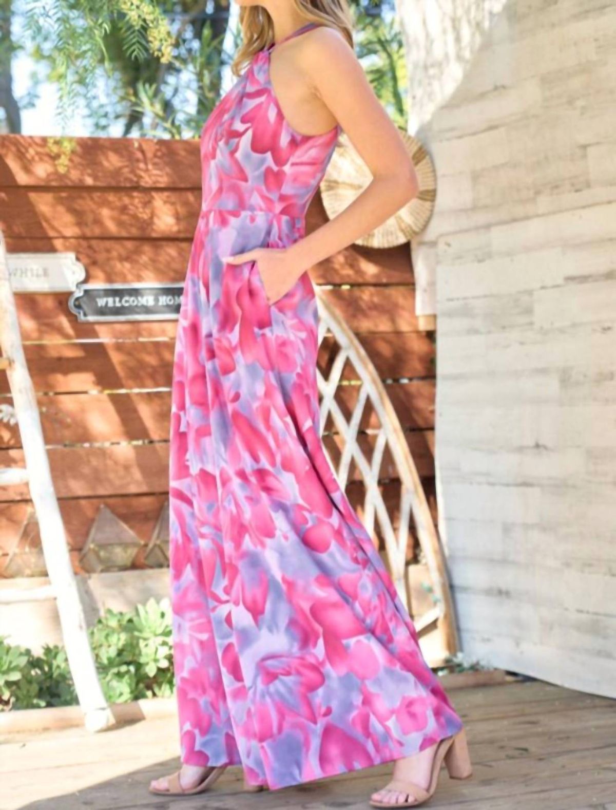 Style 1-353652933-2901 Hailey & Co Size M Halter Floral Pink Formal Jumpsuit on Queenly