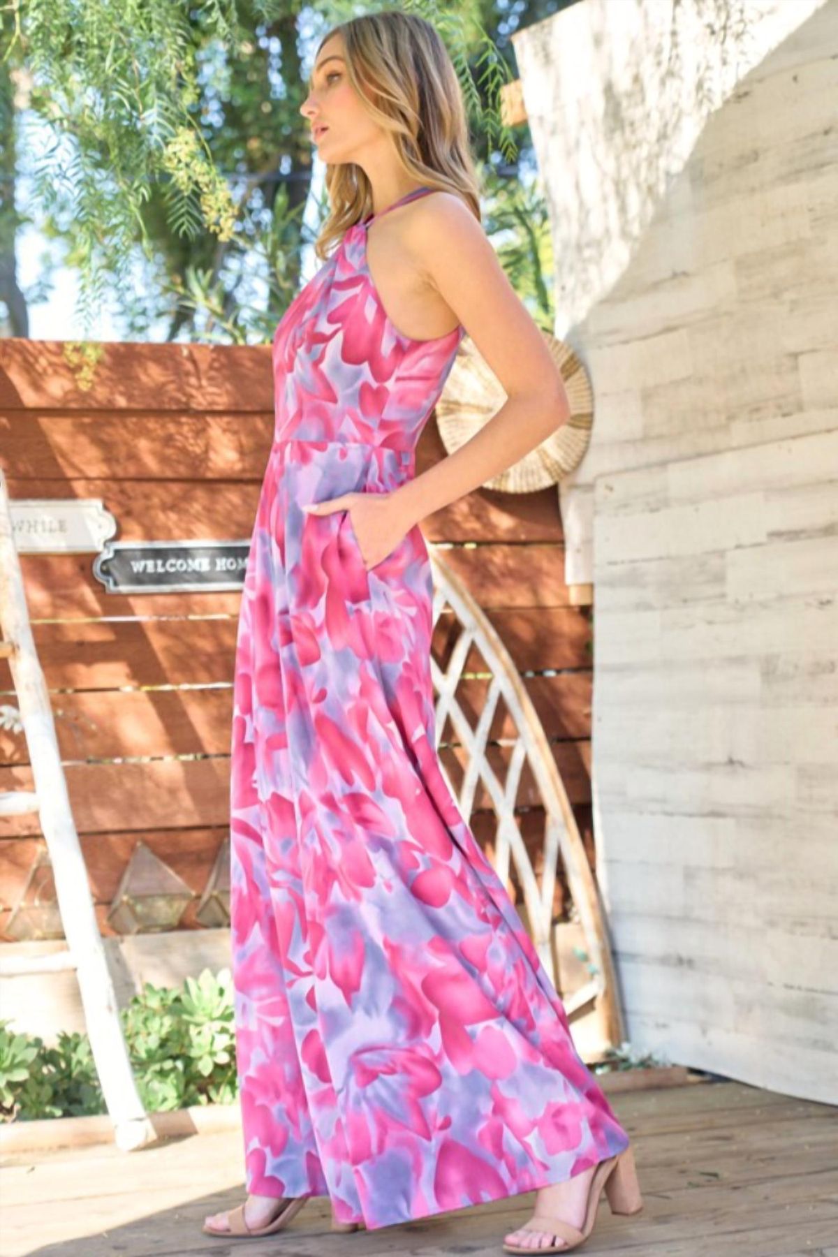 Style 1-353652933-2901 Hailey & Co Size M Halter Floral Pink Formal Jumpsuit on Queenly