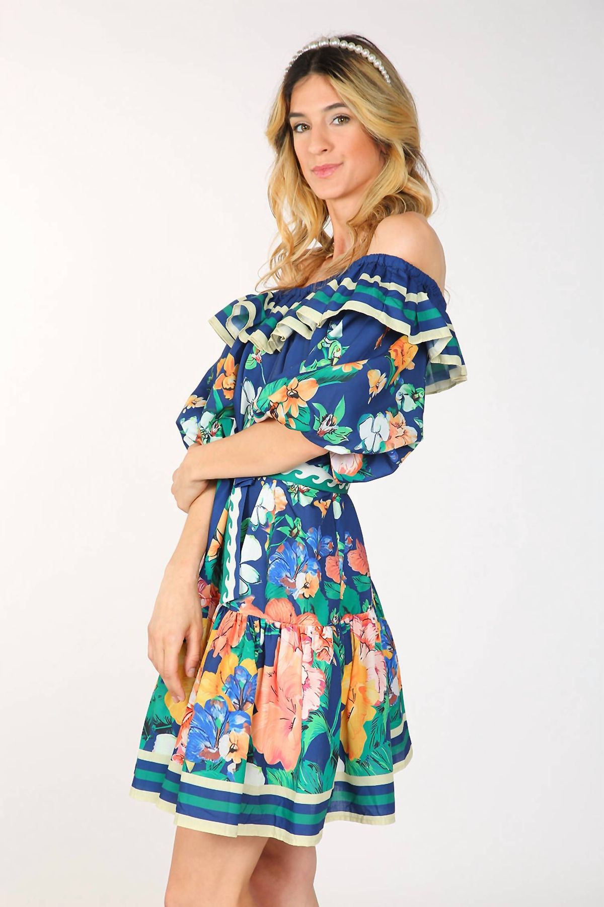 Style 1-3686274824-2791 BEULAHSTYLE Size L Off The Shoulder Floral Blue Cocktail Dress on Queenly