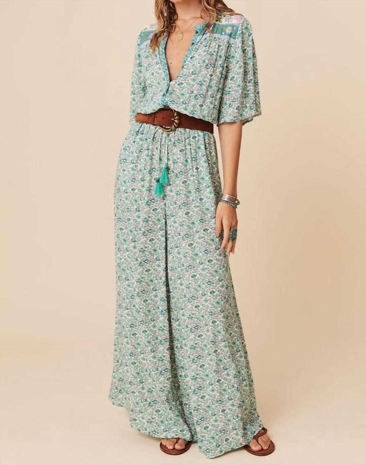 Style 1-490011074-2901 SPELL Size M Floral Green Formal Jumpsuit on Queenly