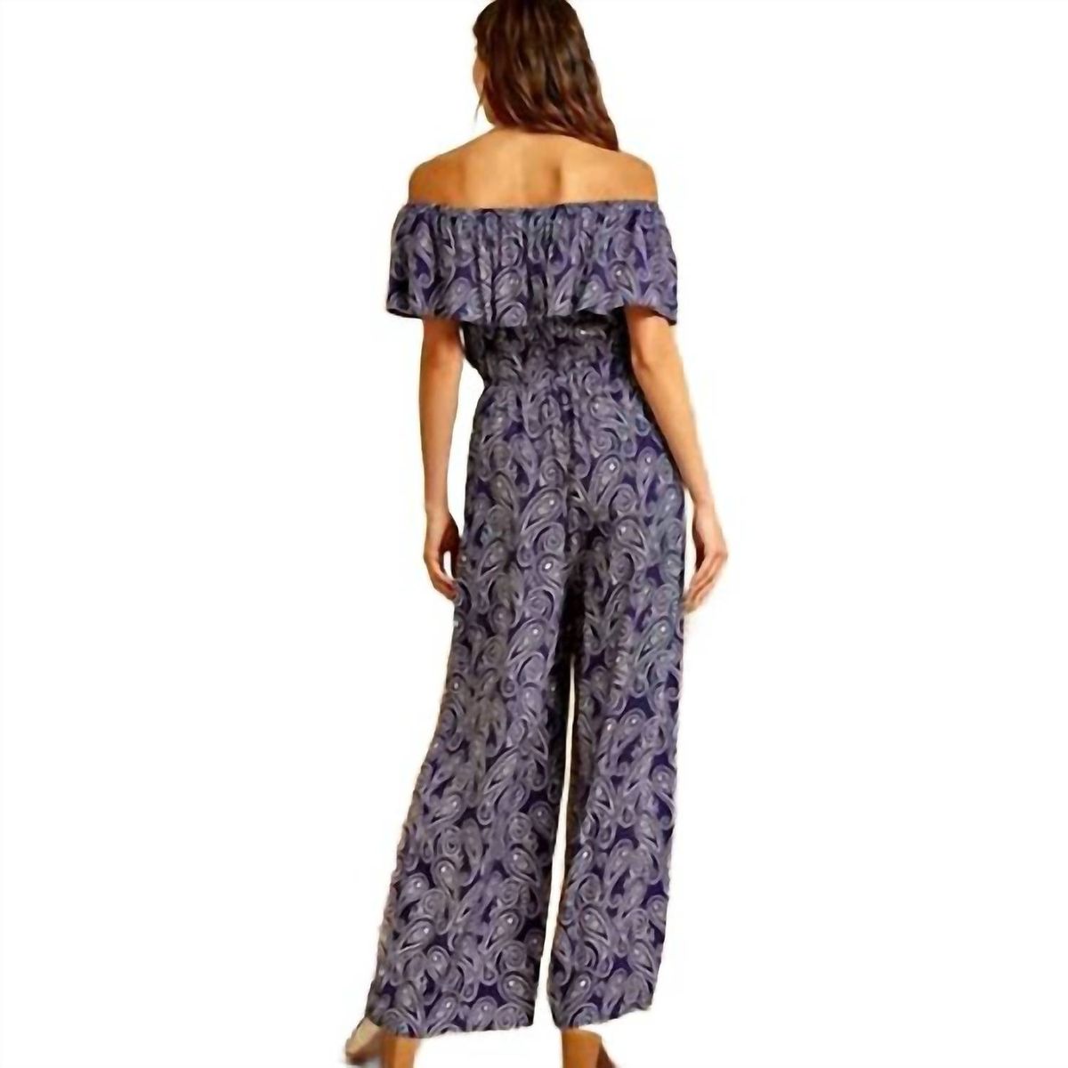 Style 1-647205542-2696 ANDREE BY UNIT Size L Off The Shoulder Navy Blue Formal Jumpsuit on Queenly