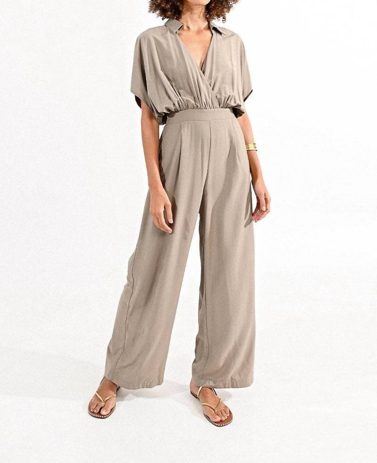Style 1-788205472-2791 MOLLY BRACKEN Size L High Neck Sequined Nude Formal Jumpsuit on Queenly