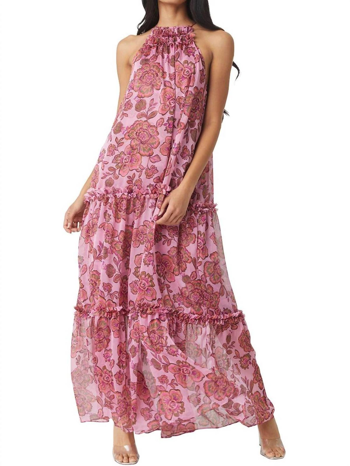 Style 1-840423643-2901 Misa Los Angeles Size M High Neck Floral Pink Floor Length Maxi on Queenly