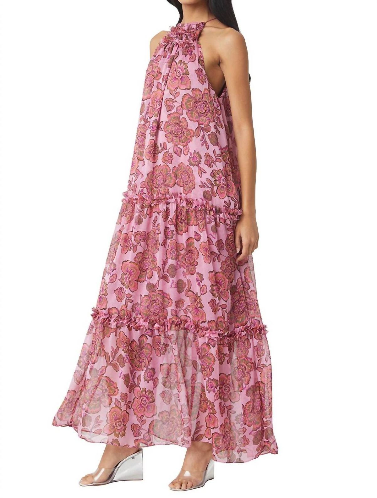 Style 1-840423643-2901 Misa Los Angeles Size M High Neck Floral Pink Floor Length Maxi on Queenly