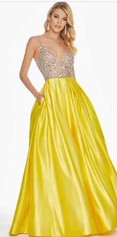 Style 1389 Ashley Lauren Size 10 Plunge Yellow Ball Gown on Queenly