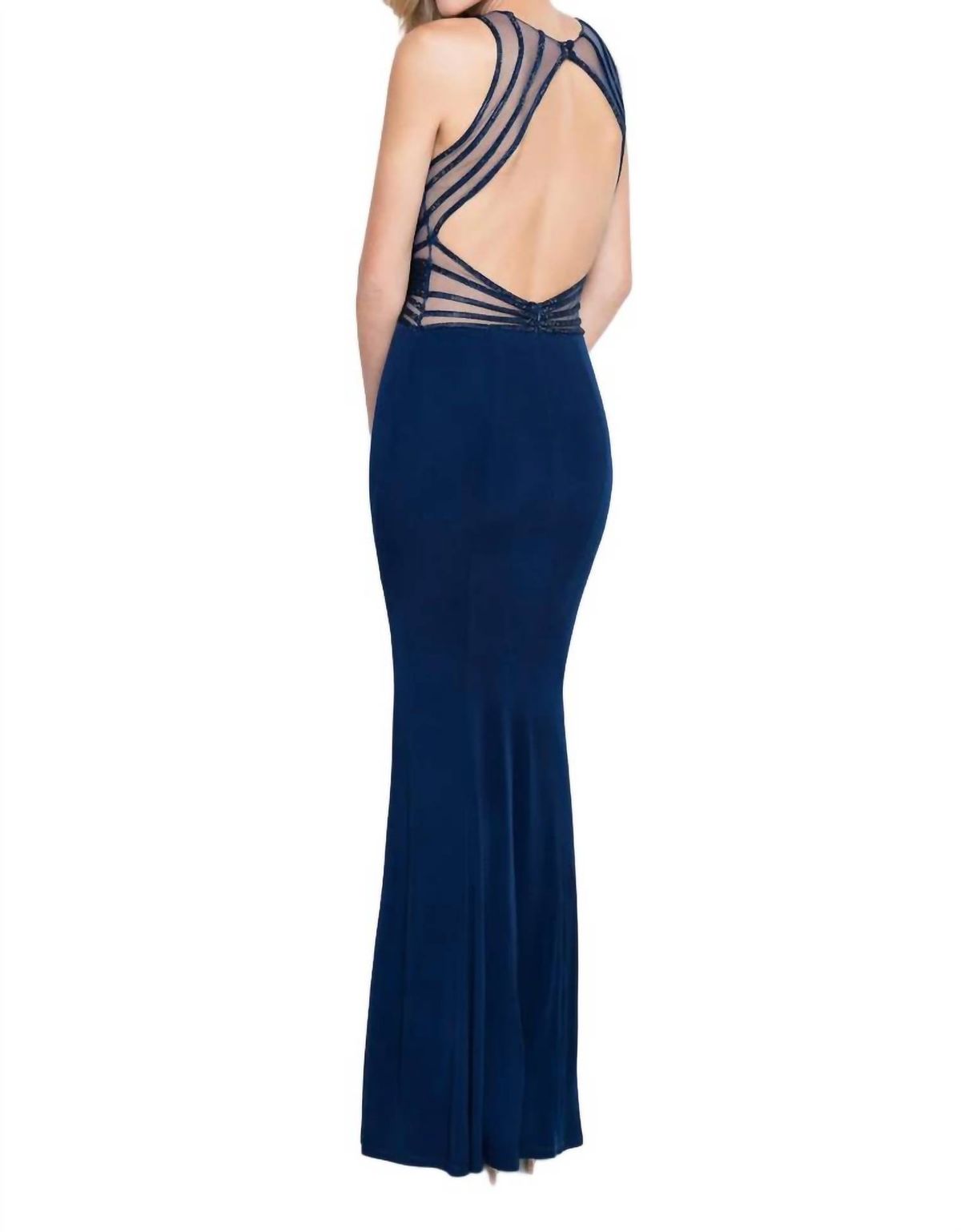 Style 1-2315119297-2168 Terani Couture Size 8 Halter Sheer Navy Blue Floor Length Maxi on Queenly