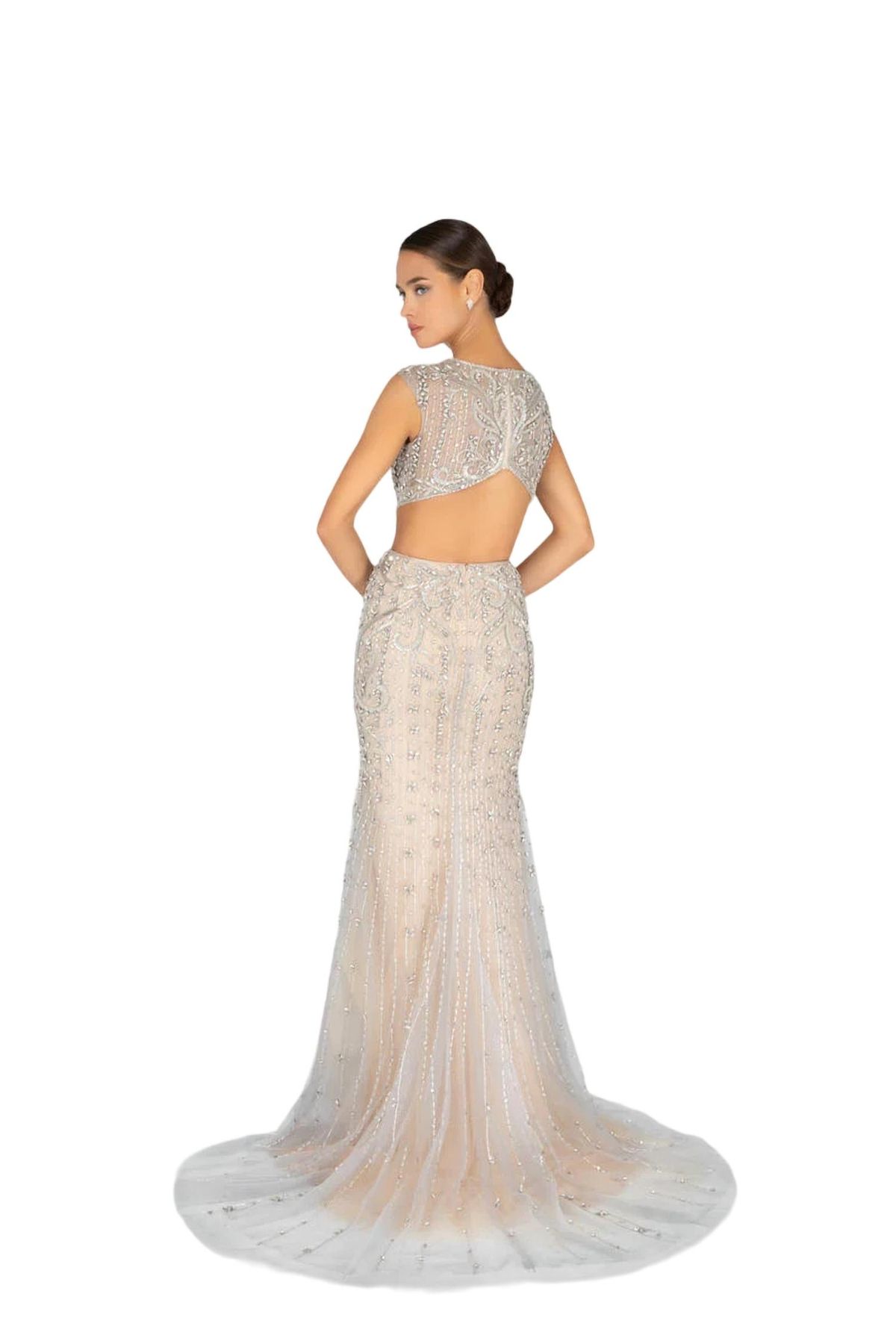 Style 1-2567914080-2168 Terani Couture Size 8 Pageant Plunge Sequined Silver Floor Length Maxi on Queenly