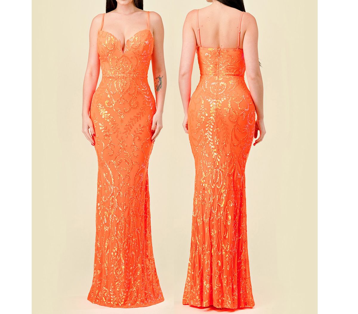 Style Formal Neon Orange Sequin Prom Wedding Guest Mermaid Dress Size 2 Prom Plunge Orange Mermaid Dress on Queenly